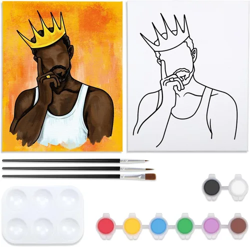Miniatura 6 de Nuberlic Lienzo predibujado para pintar para adultos, kit de pintura y sorbos, lienzo preestirado con imágenes para pintar Afro King, suministros