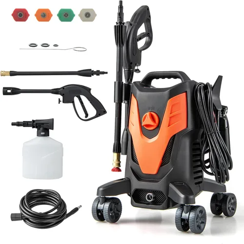 Goplus Lavadora a presión eléctrica, 2400 PSI 1.7 GPM Lavadora de alta presión con 4 boquillas rápidas y ruedas universales, lavadora a presión