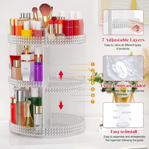 Miniatura 5 de Awenia Organizador de maquillaje giratorio de 360 grados, almacenamiento de maquillaje ajustable, 7 capas de gran capacidad, unidad