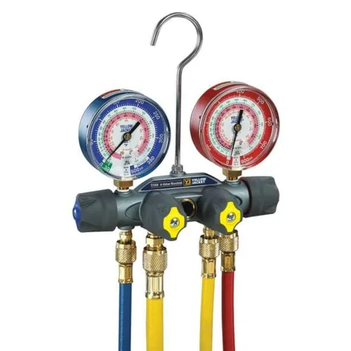 Válvula de prueba 4 y carga múltiple de grados F de titanio 4 de Yellow Jacket, escala psi, refrigerante R-22/404 A/410 A. Medidores rojo/azul