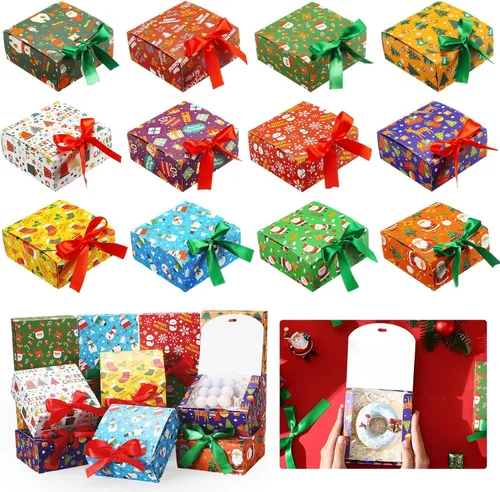 Miniatura 10 de Cholemy 36 piezas de cajas de regalo de Navidad de papel kraft con tapas, paquete de cajas de regalo pequeñas con lazo vacías para Navidad, cajas