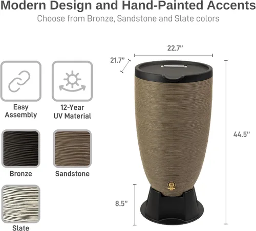 Miniatura 3 de RTS Home Accents Barril de lluvia Newport de 50 galones con soporte y tapa extraíble, color arenisca