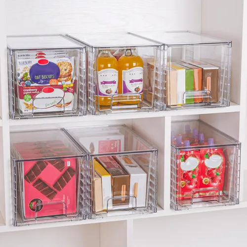Miniatura 7 de Vtopmart Paquete de 2 Cajones de Almacenamiento Apilables Grandes, Organizadores de Cajones de Acrílico Transparente con Asas, Fácil Montaje