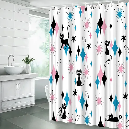 Miniatura 4 de GCTNBJL Mid Century Atomic Cat Shower Curtain Blue Pink Diamond Black Cat Stars Modern Abstract Geometric 1950s 1960s Retro 36x70(WxH) Inches