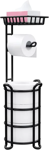 Soporte de papel higiénico con estante, estante de almacenamiento de rollos de papel higiénico con dispensador para baño, color negro