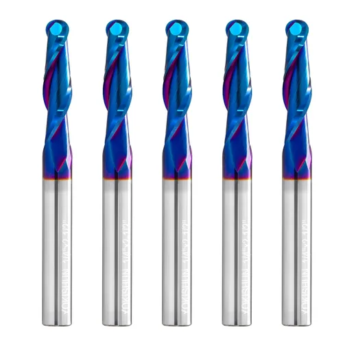 5 piezas de brocas de fresadora CNC 1/4 pulgada de vástago de carburo con punta de bola con revestimiento nano azul para fresado lateral, fresado de