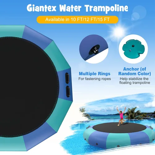 Miniatura 3 de Giantex Trampolín acuático inflable de 10 pies, 12 pies y 15 pies, trampolín flotante con soplador de 500 W y escalera de cuerda de 3 escalones