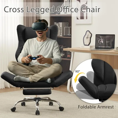 Miniatura 3 de Silla ergonómica de oficina con piernas cruzadas con reposapiés, silla ejecutiva de cuero grande y alta con apoyabrazos reversible, almohada lumbar