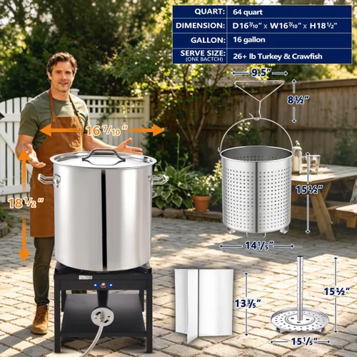 Miniatura 2 de ARC - Olla grande de acero inoxidable de 64 cuartos de galón para caldera de mariscos con cesta y estante de vapor, olla de cocina al aire libre