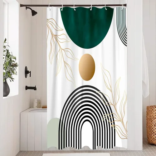 Miniatura 3 de Aipon Cortina de ducha verde de mediados de siglo para baño, cortina de ducha abstracta de estilo bohemio, de tela moderna, impermeable, para baño
