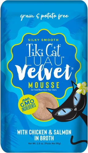 Tiki Cat Luau Velvet Mousse, pollo y salmón en caldo, nutrición completa para una dieta equilibrada, comida húmeda para gatos para todas las etapas