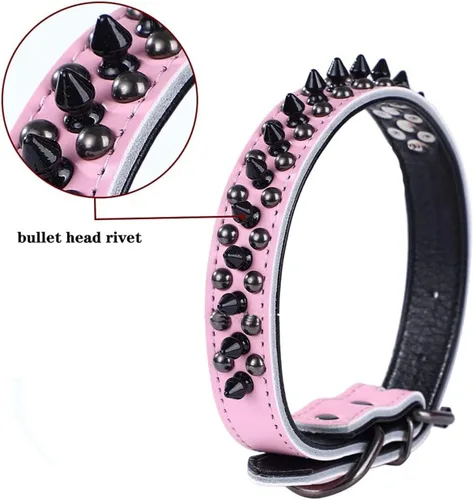 Miniatura 3 de Serijoars Collares ajustables de cuero genuino con tachuelas para mascotas pequeñas, medianas y grandes, Pit Bull, Bulldog, Pugs, Husky (M, morado)