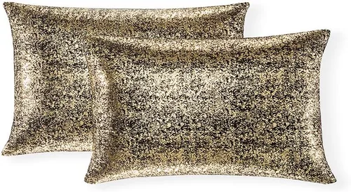 Miniatura 24 de Xinrjojo Juego de 2 almohadas brillantes en negro y dorado, almohadas suaves y brillantes decorativas, juego de fundas de almohada cuadradas negras