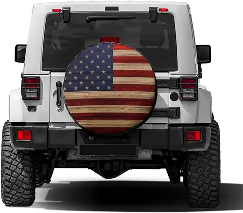 Miniatura 2 de Cubierta de neumático de repuesto de madera recuperada con bandera estadounidense, impermeable, a prueba de polvo, apta para Jeep, remolque, RV, SUV