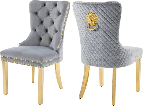 Miniatura 15 de KCC Juego de 2 sillas de comedor tapizadas de terciopelo, modernas sillas capitoné con botones con anillo de cabeza de león y patas de acero Patas