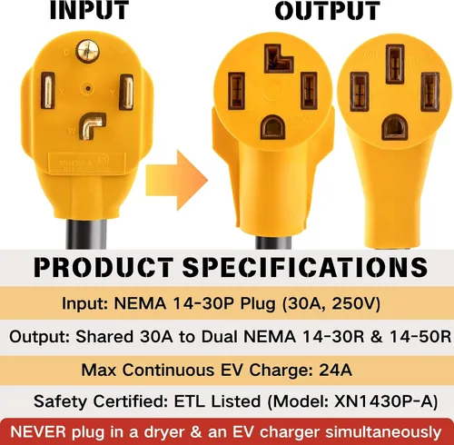 Miniatura 2 de MECMO NEMA 14-30P a 14-50R EV y 14-30R Divisor de salida de secadora de 4 clavijas solo para receptáculos modernos 14-30R, un dispositivo a la vez