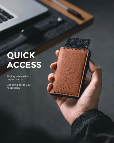 Miniatura 2 de VULKIT Cartera minimalista de cuero de grano con protección RFID con capacidad para hasta 10 tarjetas, Litchi Brown, Minimalista