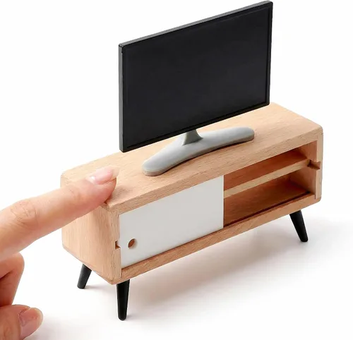 NUOBESTY Mueble de TV y madera para casa de muñecas, monitor de juguete realista a escala 1/12, soporte de TV en miniatura moderno para casa de