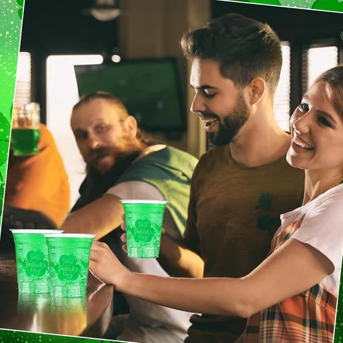 Miniatura 6 de Aoriher 100 tazas de trébol del día de San Patricio de 12 onzas desechables de plástico para feliz día de San Patricio, tazas verdes transparentes