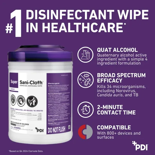 Miniatura 4 de PDI -Q55172 Desinfectante profesional de superficies desechables Super Sani-Cloth Wipes, 160 unidades - Morado