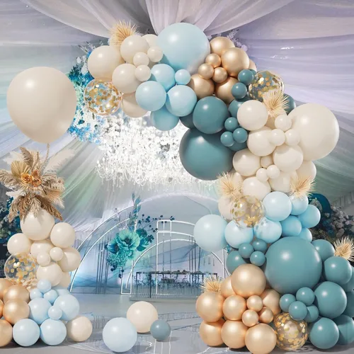 Miniatura 5 de Kit de guirnalda de arco de globos de color azul bebé polvoriento, 155 unidades, con niebla de pizarra, azul bebé, arena, blanco, dorado metálico