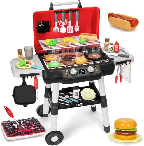 Juguetes de cocina para niños, juego de barbacoa para niños con luz de sonido ahumado, juguete de barbacoa de 2 capas con ruedas, juguetes de comida