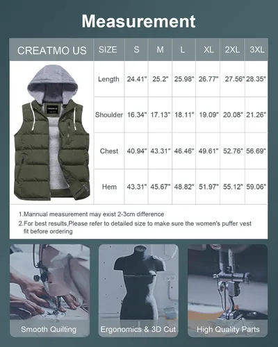 Miniatura 49 de CREATMO US Chaleco cálido para mujer, chaleco grueso acolchado sin mangas con capucha desmontable