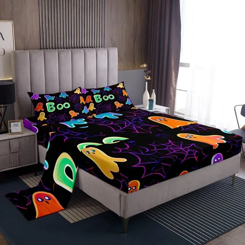 Miniatura 34 de Lindas sábanas de murciélagos tamaño individual, juego de sábanas de Feliz Halloween para niños y niñas, Kawaii cielo estrellado estrellas luna