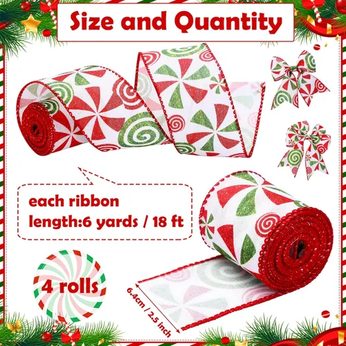 Miniatura 2 de Berlune 4 rollos de cinta de Navidad con borde con alambre de menta de 2.5 pulgadas de ancho, cinta de arpillera para manualidades, corona, árbol