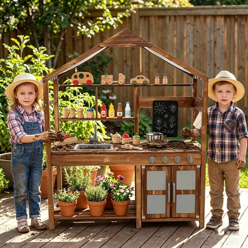 Costzon Cocina de Barro para Niños al Aire Libre, Cocina de Juego de Madera con Toldo, Pizarra, Estufa, Fregadero Extraíble, Accesorios de Cocina y