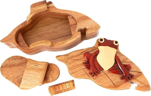 Miniatura 3 de Frog on Lily Pad - Caja de rompecabezas de madera natural de Intarsia - Hecho a mano con compartimento secreto