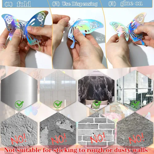 Miniatura 5 de 60 calcomanías de pared de mariposa plateada iridiscente 3D, calcomanías holográficas con 5 estilos murales de papel decorativo para guardería, aula