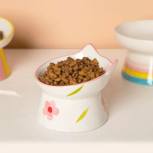 Miniatura 3 de Cuencos elevados de cerámica para gatos, antivómitos y protegen las espinas de las mascotas para gatos de interior, comedero para mascotas para Rosa