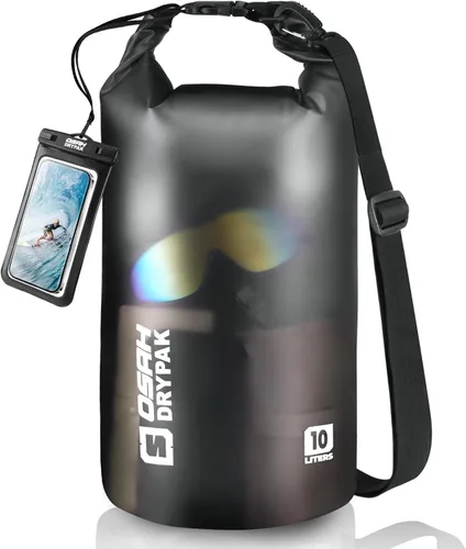 Bolsa seca impermeable, 5L/10L/20L/30L/40L Mochila de almacenamiento ligera con funda para teléfono para mujeres y hombres, saco impermeable Negro