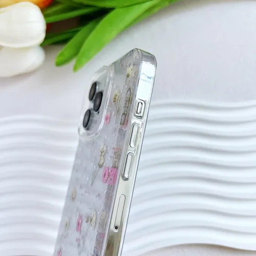 Miniatura 6 de LSEEKA Funda transparente para iPhone 14 Pro con diseño de flores reales prensadas, con purpurina, bonito patrón floral rosa, delgada, suave, funda