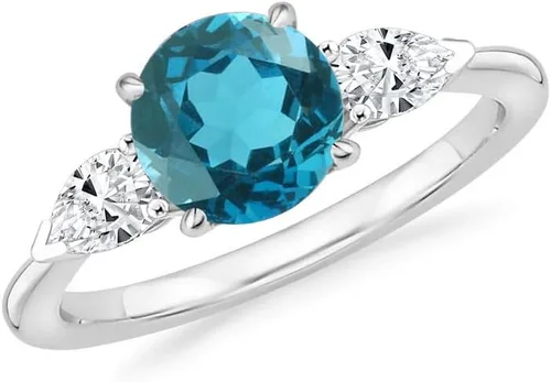 Miniatura 9 de Anillo de compromiso de 3 piedras con topacio azul Londres y diamante blanco de talla redonda y pera, acabado de oro de 14 quilates, anillo