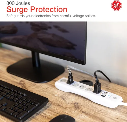Miniatura 6 de GE - Barra multicontacto con protector de sobretensión, cable de extensión de 2.4 m, 6 tomas, 800 joules, clavija plana, cubiertas de seguridad