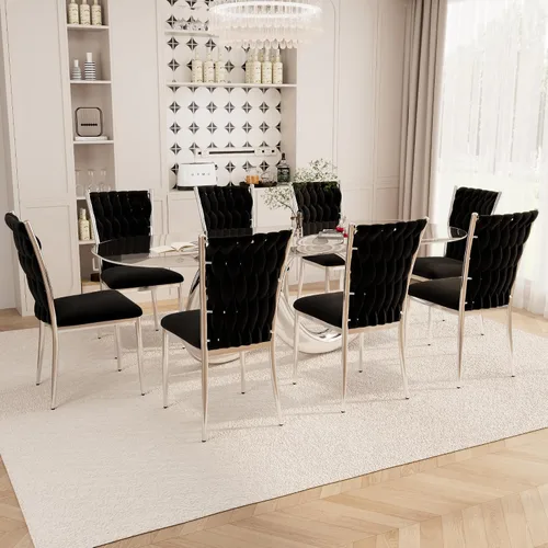 Miniatura 13 de Juego de 2 sillas de comedor de terciopelo, modernas sillas de cocina tejidas con patas de metal dorado, cojín tapizado con respaldo alto