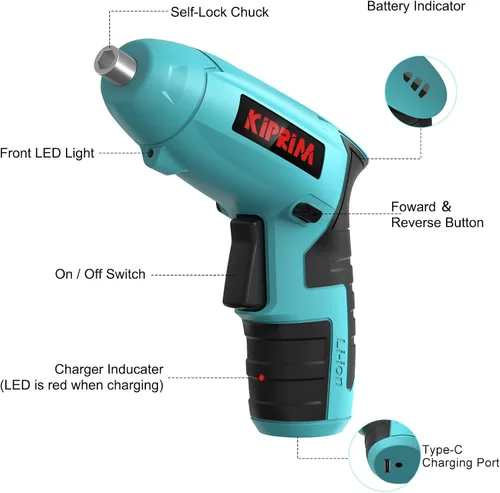Miniatura 2 de Kiprim ES3 - Destornillador eléctrico pequeño de 4 V, herramienta de destornillador inalámbrico con batería recargable, luz frontal LED y luz