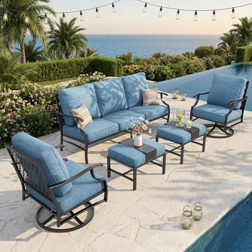Miniatura 24 de SUNSHINE VALLEY Juego de muebles de patio, 4 piezas de muebles modernos de metal para exteriores, sofá de 3 plazas, 2 sillas mecedoras, mesa