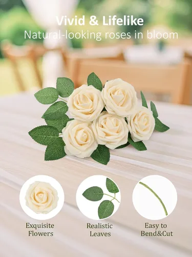 Miniatura 489 de N&T NIETING Flores artificiales, rosas artificiales de color rosa intenso, 50 piezas de flores falsas con tallo para ramos de boda DIY, centros