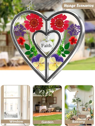 Miniatura 4 de Ky&Bosam - Atrapaluz de cristal, ventana en forma de corazón, con flor prensada, diseño de corazón/ "Mom", regalo para el Día de la Madre, Navidad