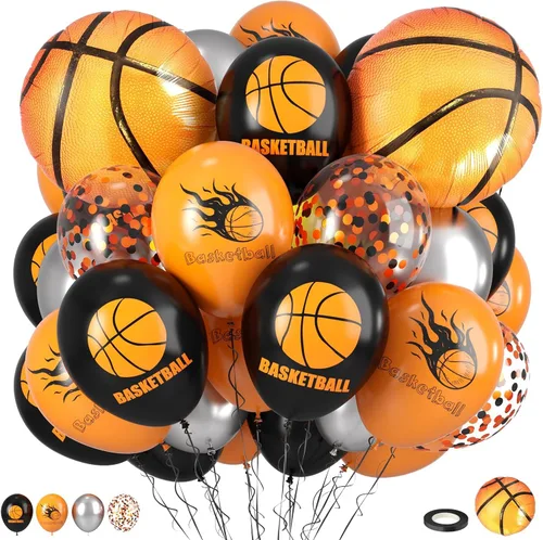 Globos de Baloncesto, Globos de Confeti Naranja Negro Metálico Plateado con Globo de Papel de Aluminio de Baloncesto para Cumpleaños de Niño Fiesta
