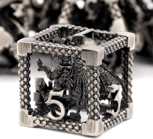 Miniatura 12 de D&D Dice, Dungeons and Dragons Dice HNCCESG Juego de dados de metal poliédricos huecos para juegos de mesa RPG MTG (Dragon Silver Blood Spot)