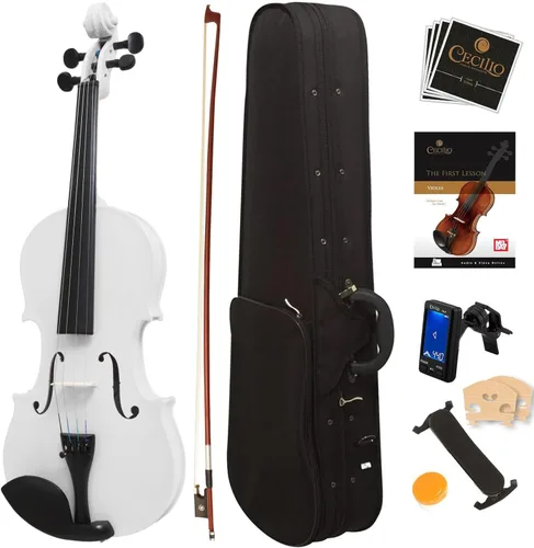 Violín Mendini de madera sólida, libro de lecciones, cuerdas extra, sintonizador violín, arco y estuche, Blanco