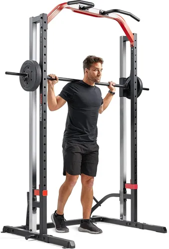 Sunny Health & Fitness - Estante de potencia prémium para máquina de sentadillas, alta capacidad de carga, altura ajustable, barra de dominadas,