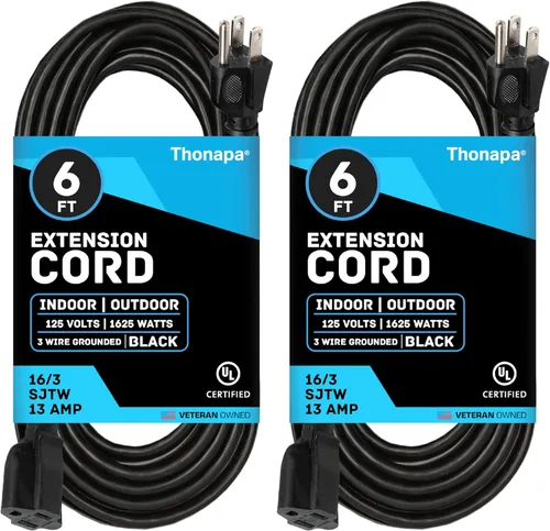 Miniatura 9 de Thonapa Cable de Extensión para Exteriores de 13 Amperios de 6 pies, SJTW 16/3 de 6 pies, Cable de Extensión Negro de 3 Clavijas, Cable