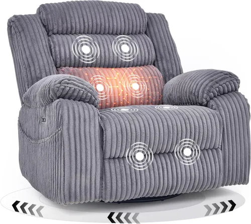 SINCRUMI Silla Mecedora Reclinable con Respaldo y Masaje para Adultos con Calentamiento, Puerto de Carga USB y Tipo-C, Posición Infinita, Sillas