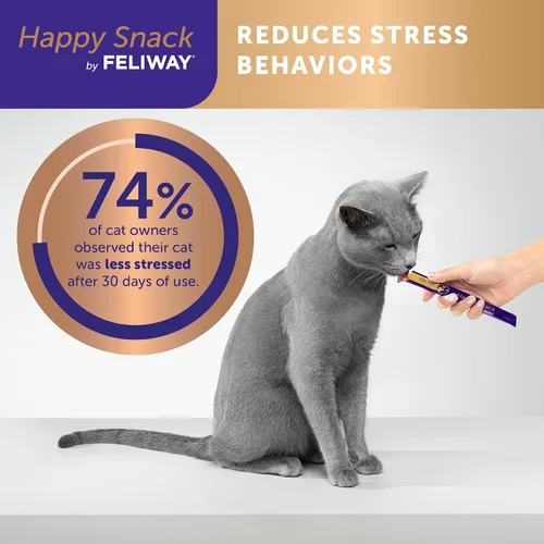 Miniatura 6 de Happy Snack de FELIWAY®, Golosinas lamibles y exprimibles en puréa para gatos para una rutina diaria de calma, hechas con pollo real, paquete de 12