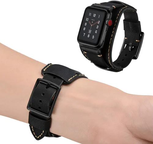 Miniatura 6 de Correa compatible con Apple Watch de 49/46/45/44mm/42mm (Series 3 2 1), pulsera de cuero genuino Crazy Horse compatible con iWatch Ultra/Ultra2 Negro